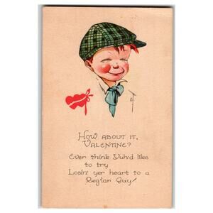 Vintage 1920s Valentine Postcard Boy in Plaid Cap 'Regular Guy'